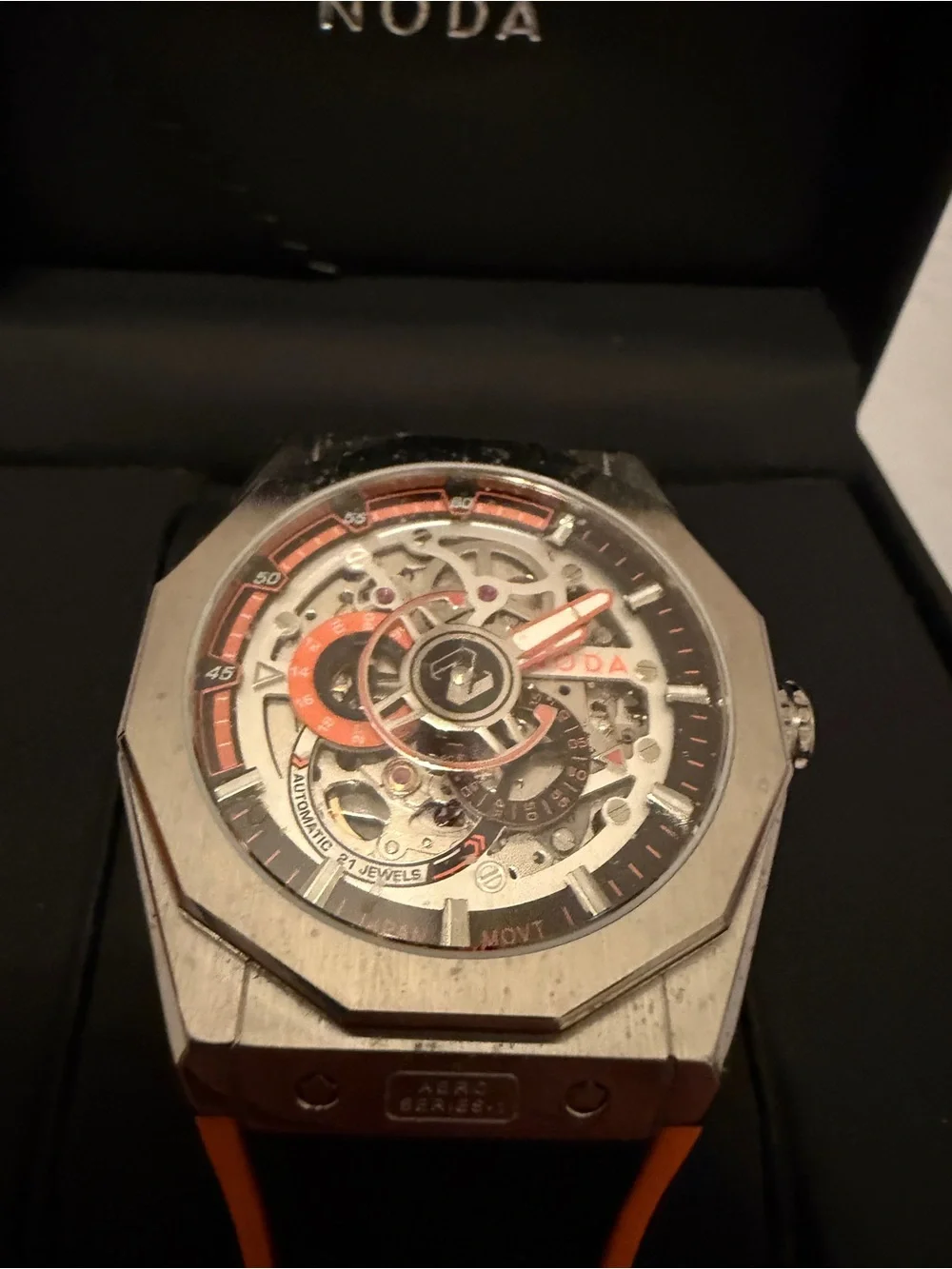 Noda Men's Skeleton Sport Watch in Black and Orange. New without tags.